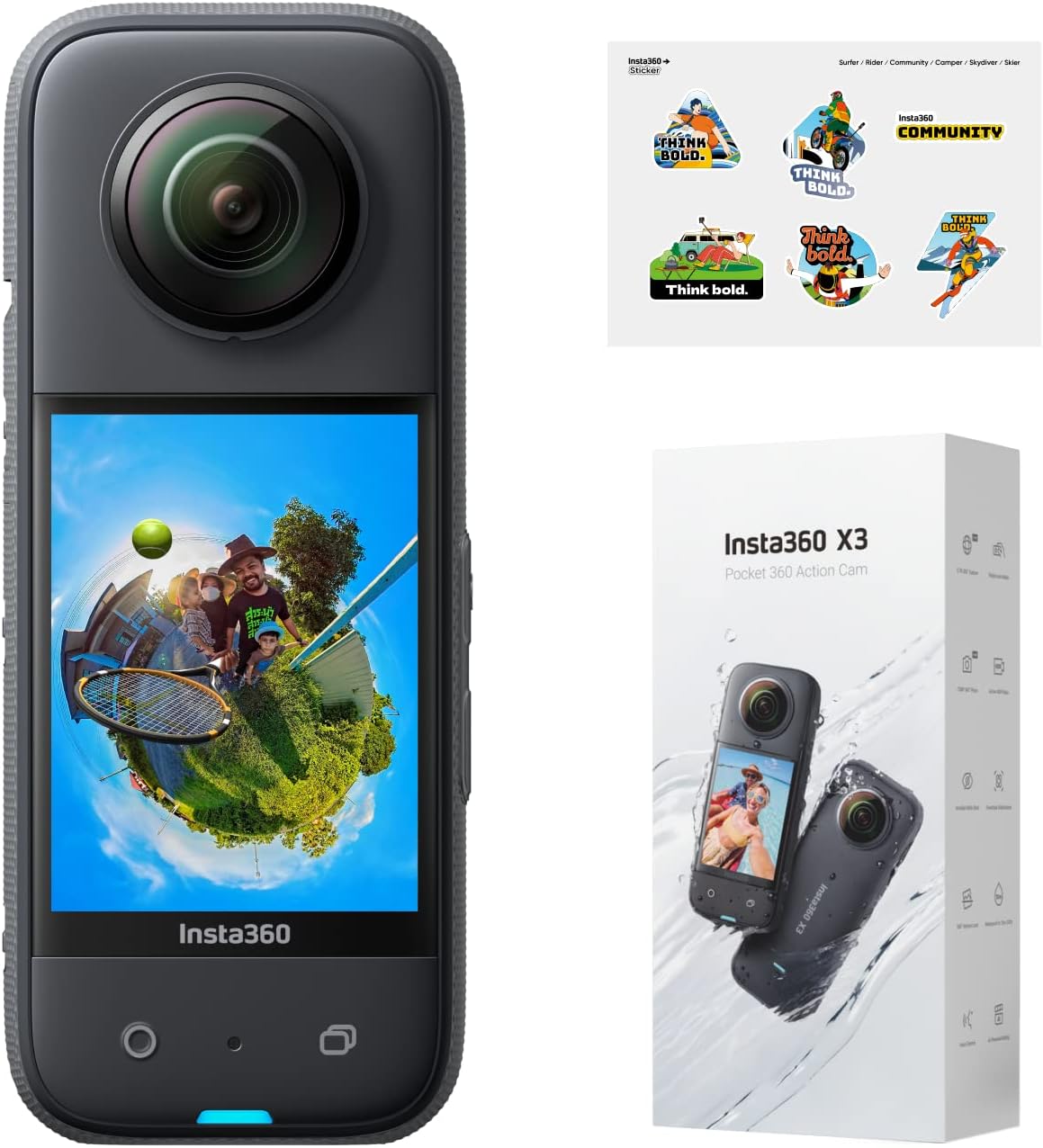 Insta360 X3  Waterproof 360 Action Camera with 1/2" 48MP Sensors, 5.7K 360 Active HDR Video, 72MP 360 Photo, 4K Single-Lens, Stabilization, 2.29" Touchscreen